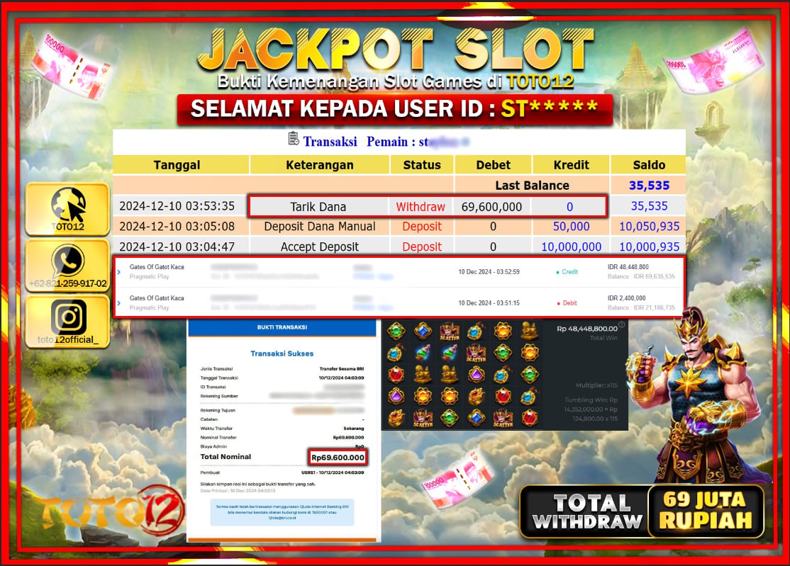 HANYA DI TOTO12 JP PASTI DI BAYAR LUNAS DAN CEPAT!!!!!! JACKPOT SLOT GAME (GATES OF GATOT KACA) Rp.69.000.000 !!!!