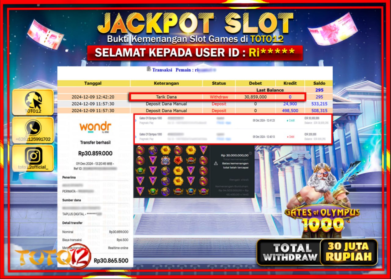 HANYA DI TOTO12 JP PASTI DI BAYAR LUNAS DAN CEPAT!!!!!! JACKPOT SLOT GAME (GATES OF OLYMPUS 1000) Rp.30.000.000 !!!!