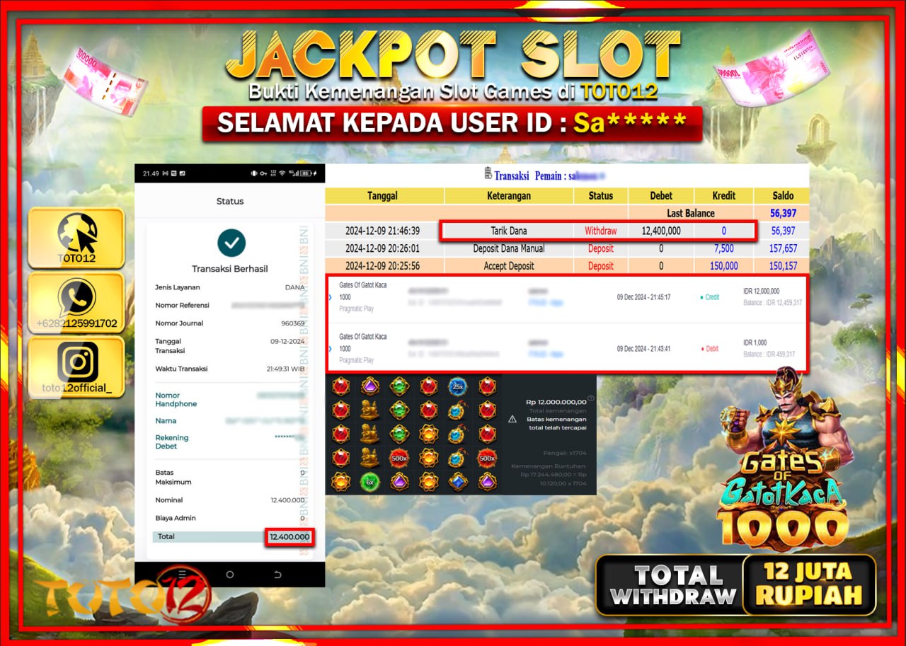 HANYA DI TOTO12 JP PASTI DI BAYAR LUNAS DAN CEPAT!!!!!! JACKPOT SLOT GAME (GATES OF GATOT KACA 1000) Rp.12.000.000 !!!!