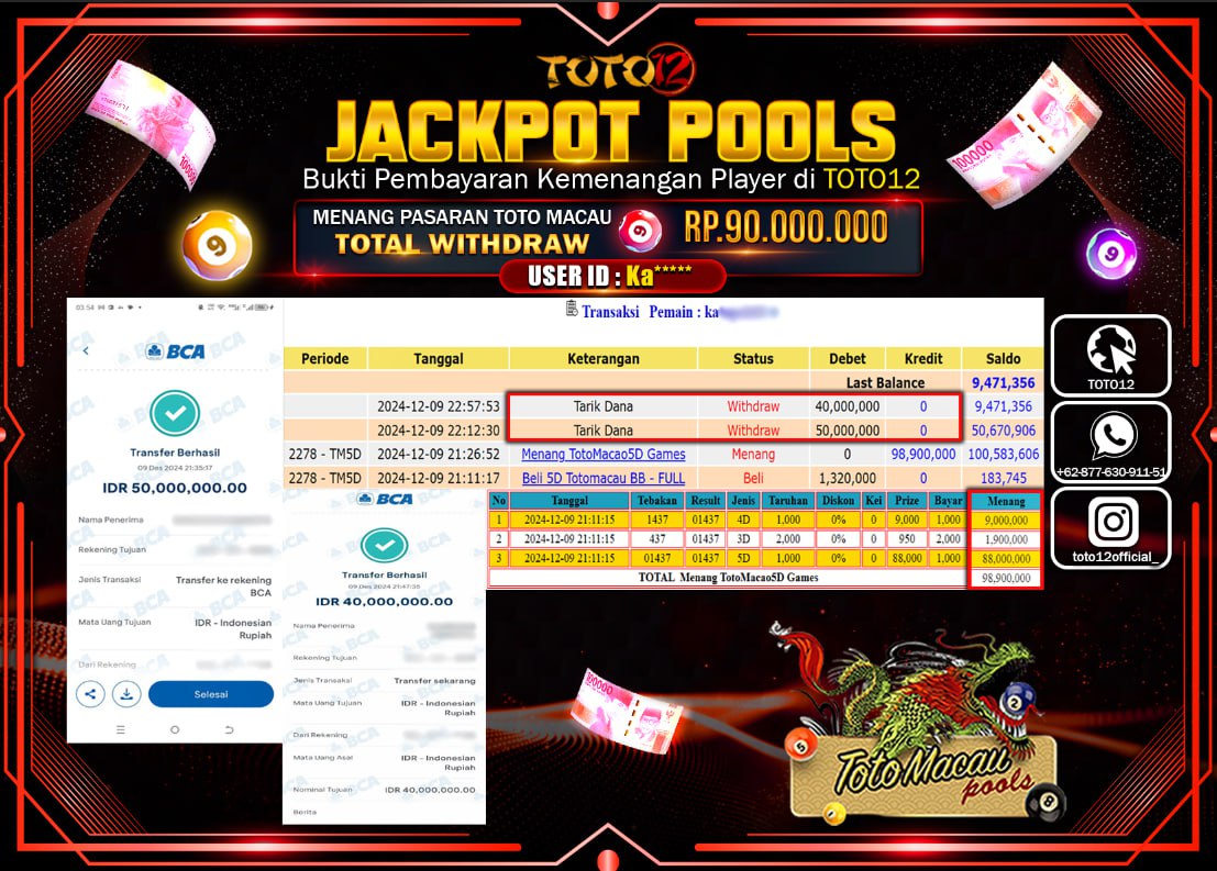 HANYA DI TOTO12 JP PASTI DI BAYAR LUNAS DAN CEPAT!!!!!! JACKPOT POOLS PASARAN (TOTO MACAU) Rp.90.000.000 !!!!