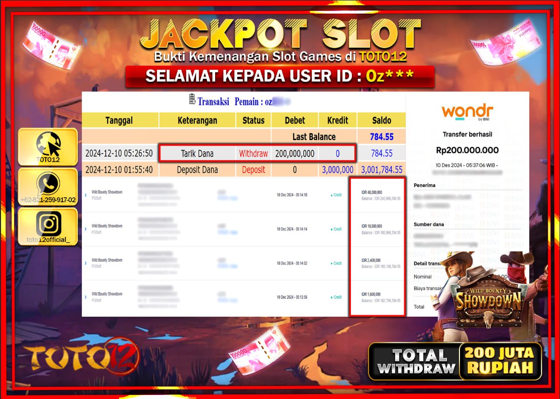 HANYA DI TOTO12 JP PASTI DI BAYAR LUNAS DAN CEPAT!!!!!! JACKPOT SLOT GAME (WILD BOUNTY SHOWDOWN) Rp.200.000.000 !!!!