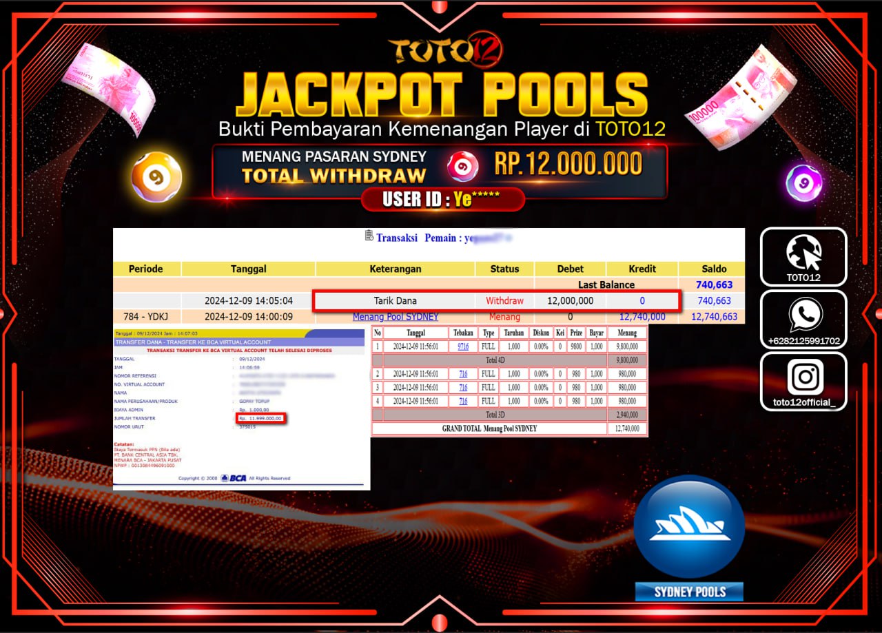 HANYA DI TOTO12 JP PASTI DI BAYAR LUNAS DAN CEPAT!!!!!! JACKPOT POOLS PASARAN (SYDNEY) Rp.12.000.000 !!!!