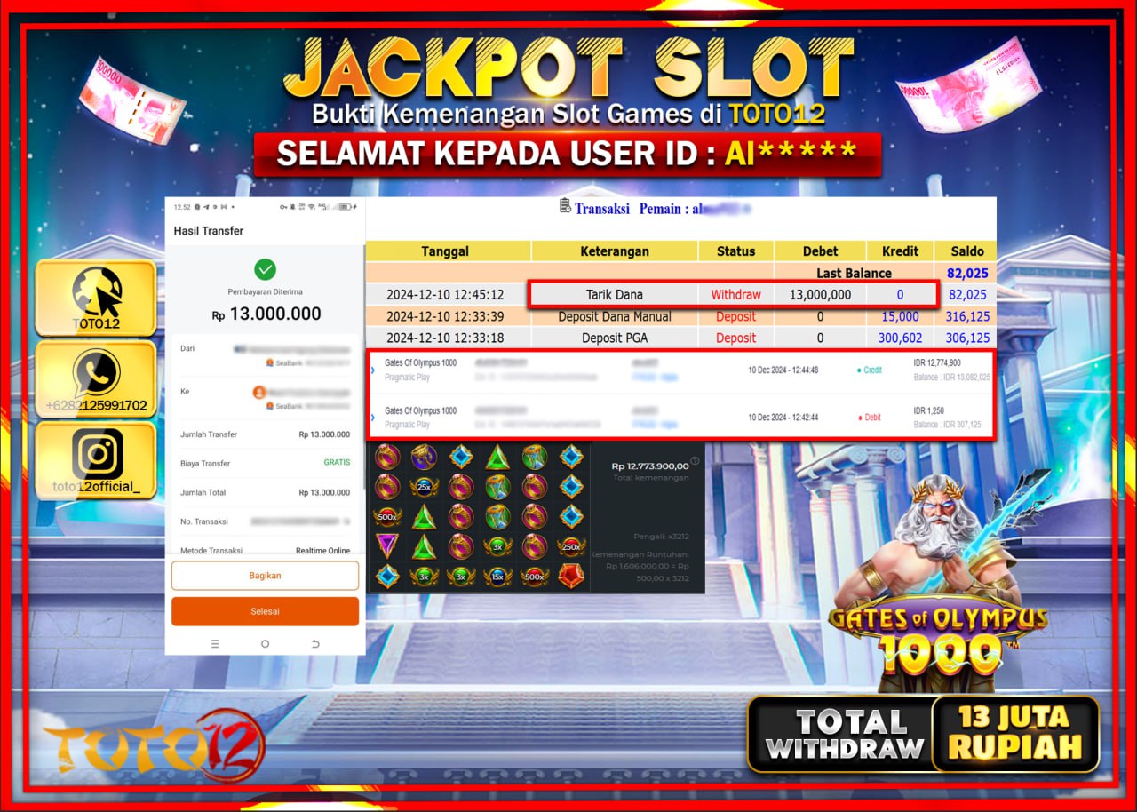HANYA DI TOTO12 JP PASTI DI BAYAR LUNAS DAN CEPAT!!!!!! JACKPOT SLOT GAME (GATES OF OLYMPUS 1000) Rp.13.000.000 !!!!