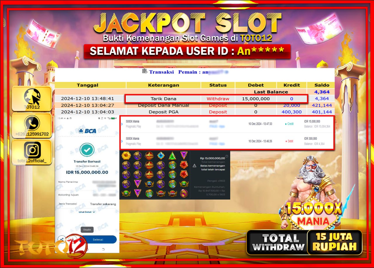 HANYA DI TOTO12 JP PASTI DI BAYAR LUNAS DAN CEPAT!!!!!! JACKPOT SLOT GAME (15.000X MANIA) Rp.15.000.000 !!!!