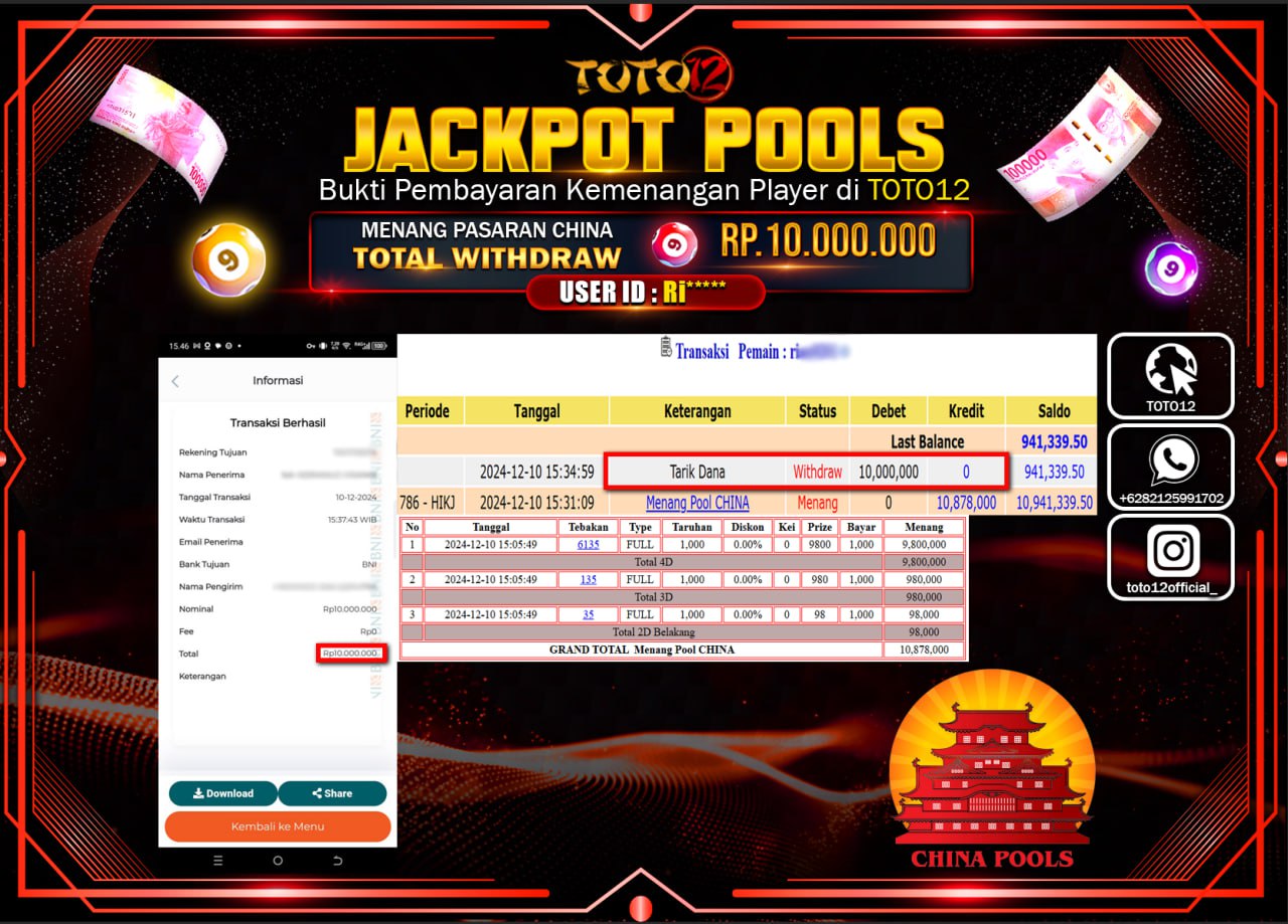 HANYA DI TOTO12 JP PASTI DI BAYAR LUNAS DAN CEPAT!!!!!! JACKPOT POOLS PASARAN (CHINA) Rp.10.000.000 !!!!