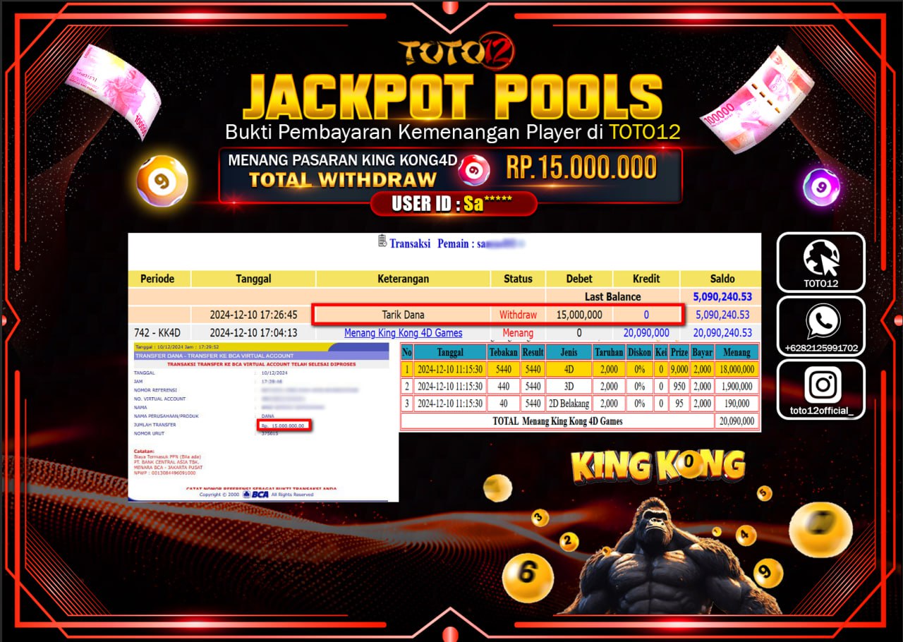 HANYA DI TOTO12 JP PASTI DI BAYAR LUNAS DAN CEPAT!!!!!! JACKPOT POOLS PASARAN (KING KONG) Rp.15.000.000 !!!!