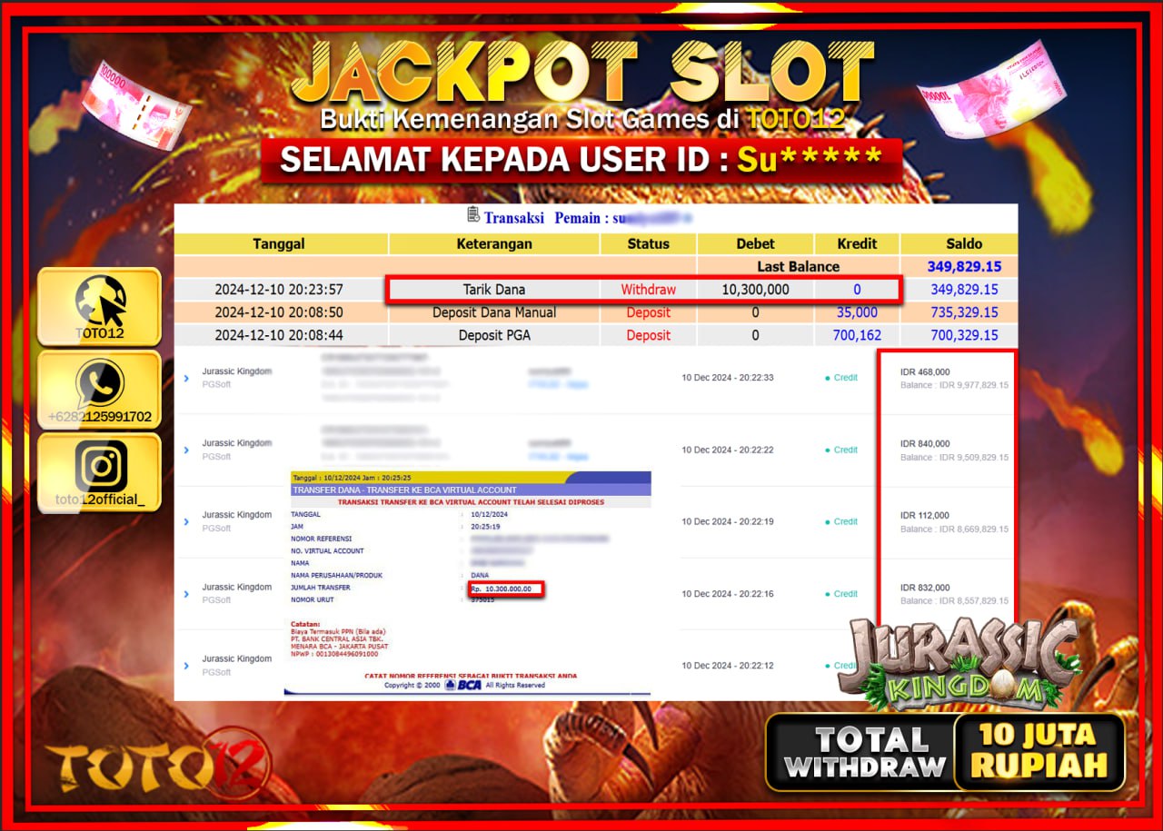 HANYA DI TOTO12 JP PASTI DI BAYAR LUNAS DAN CEPAT!!!!!! JACKPOT SLOT GAME (JURASSIC KINGDOM) Rp.10.000.000 !!!!