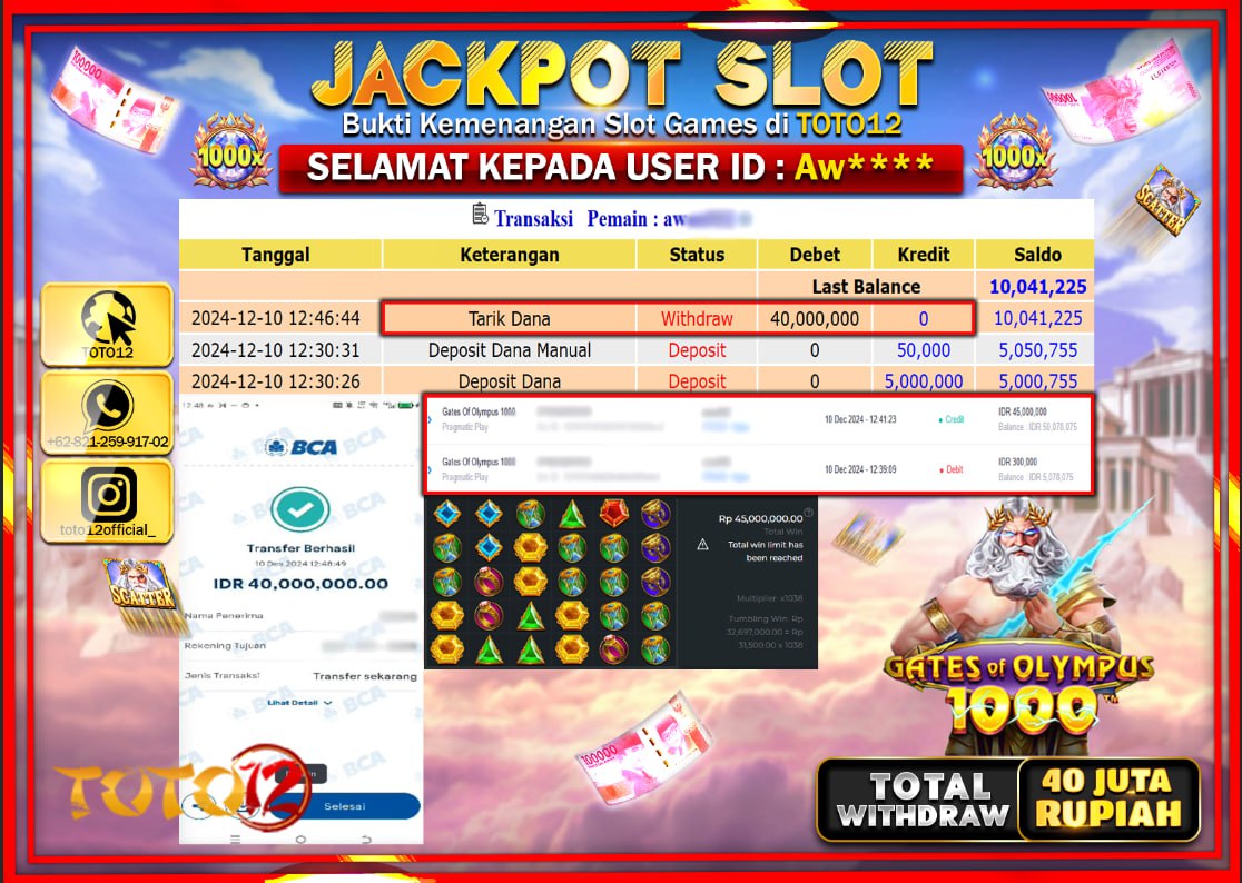 HANYA DI TOTO12 JP PASTI DI BAYAR LUNAS DAN CEPAT!!!!!! JACKPOT SLOT GAME (GATES OF OLYMPUS 1000) Rp.40.000.000 !!!!