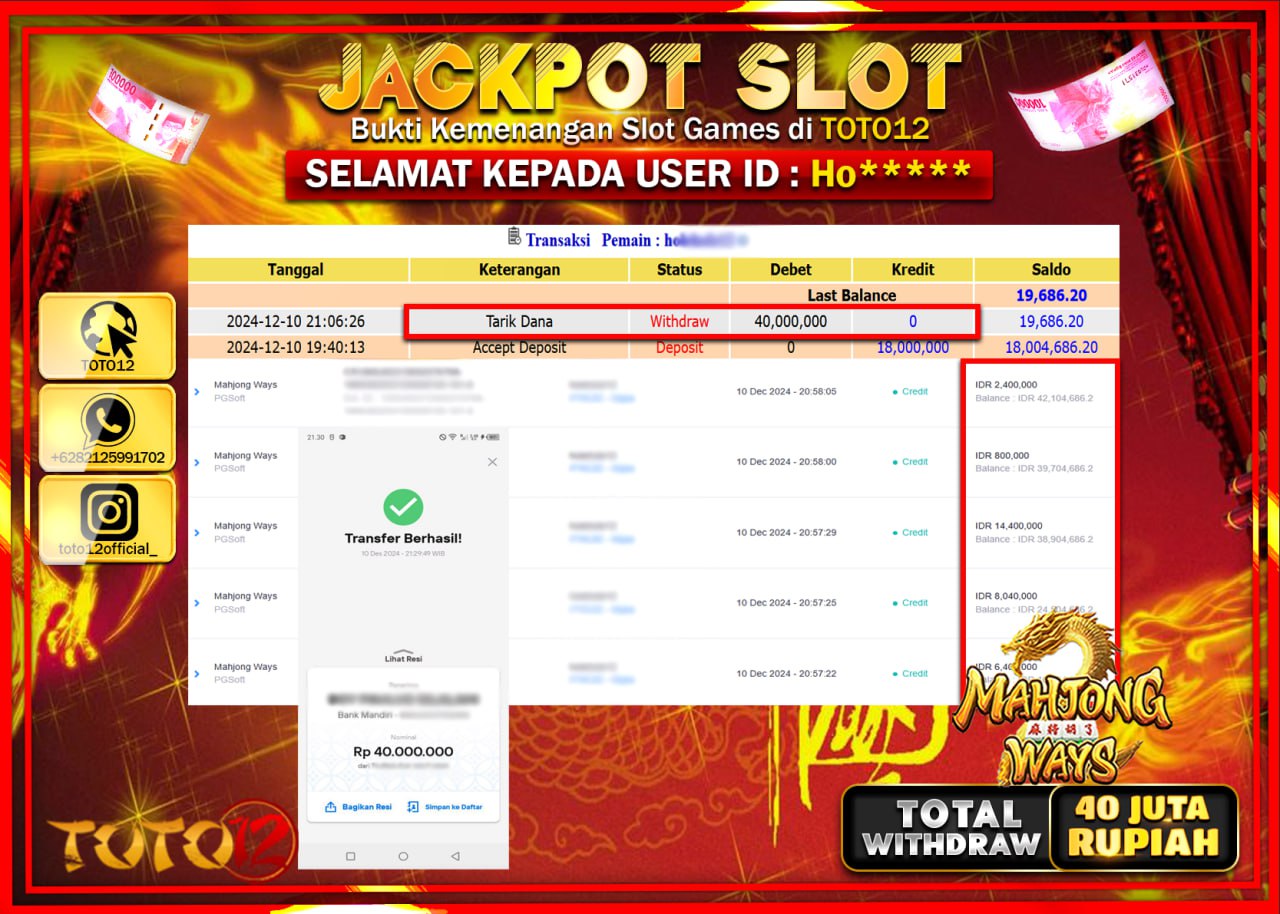 HANYA DI TOTO12 JP PASTI DI BAYAR LUNAS DAN CEPAT!!!!!! JACKPOT SLOT GAME (MAHJONG WAYS) Rp.40.000.000 !!!!