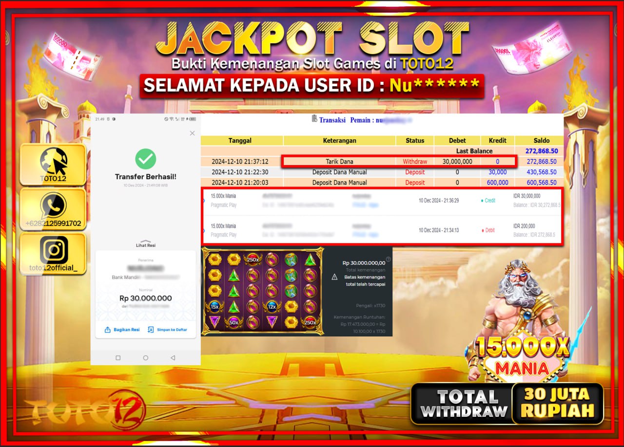 HANYA DI TOTO12 JP PASTI DI BAYAR LUNAS DAN CEPAT!!!!!! JACKPOT SLOT GAME (15.000X MANIA) Rp.30.000.000 !!!!