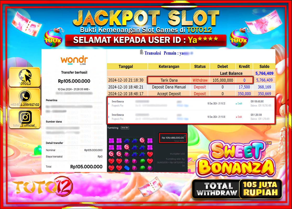 HANYA DI TOTO12 JP PASTI DI BAYAR LUNAS DAN CEPAT!!!!!! JACKPOT SLOT GAME (SWEET BONANZA) Rp.105.000.000 !!!!