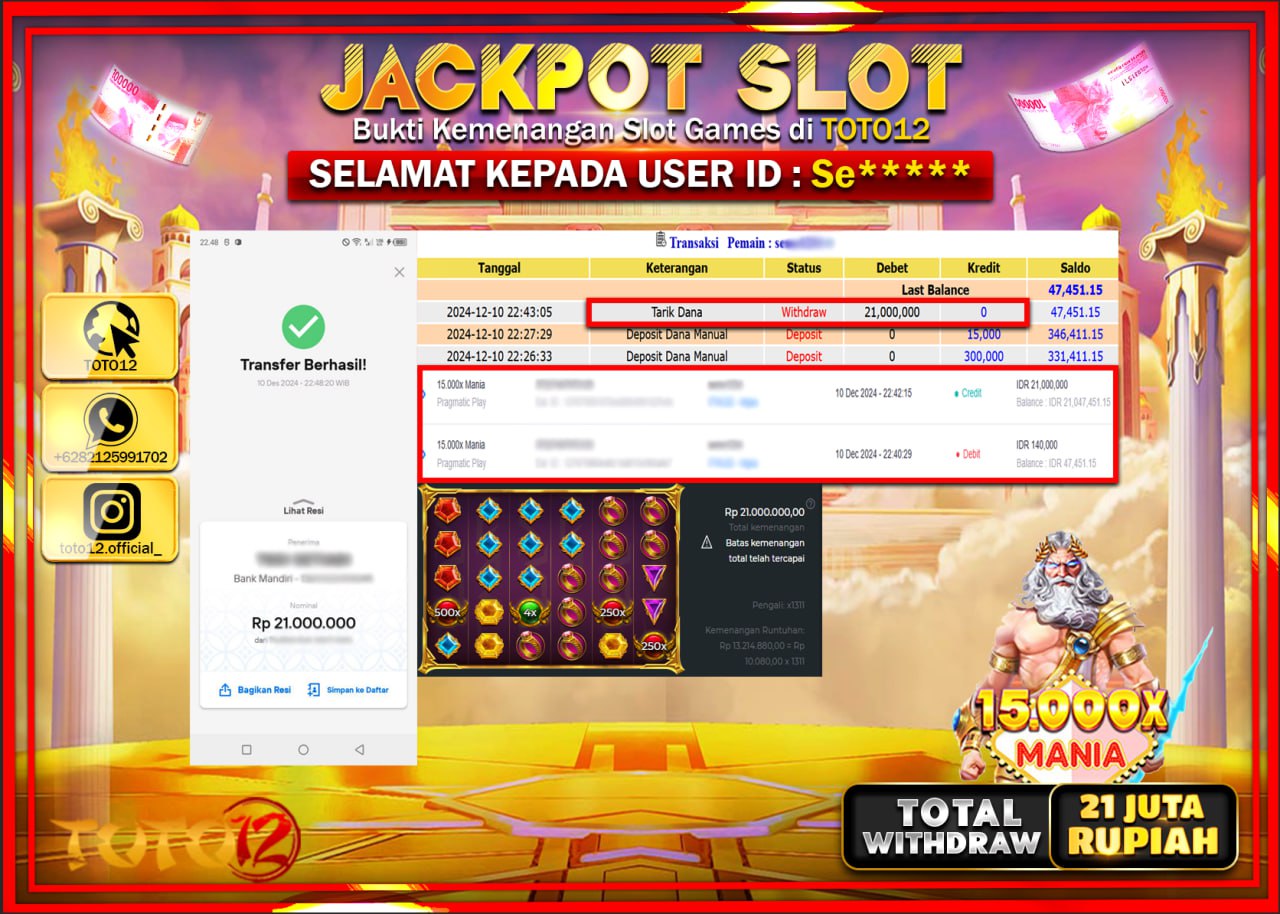 HANYA DI TOTO12 JP PASTI DI BAYAR LUNAS DAN CEPAT!!!!!! JACKPOT SLOT GAME (15.000X MANIA) Rp.21.000.000 !!!!
