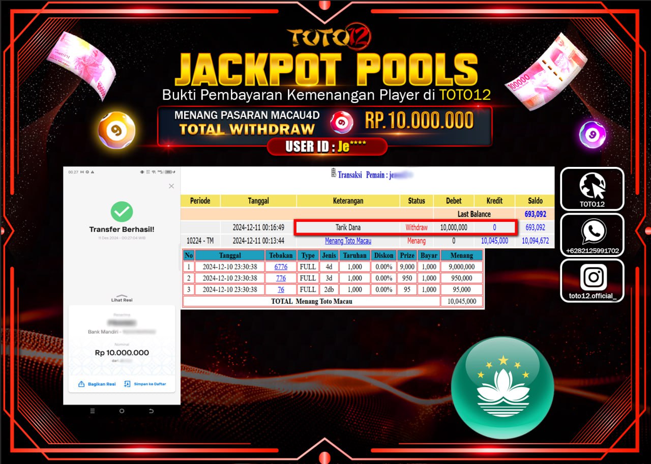 HANYA DI TOTO12 JP PASTI DI BAYAR LUNAS DAN CEPAT!!!!!! JACKPOT POOLS PASARAN (TOTO MACAU) Rp.10.000.000 !!!!