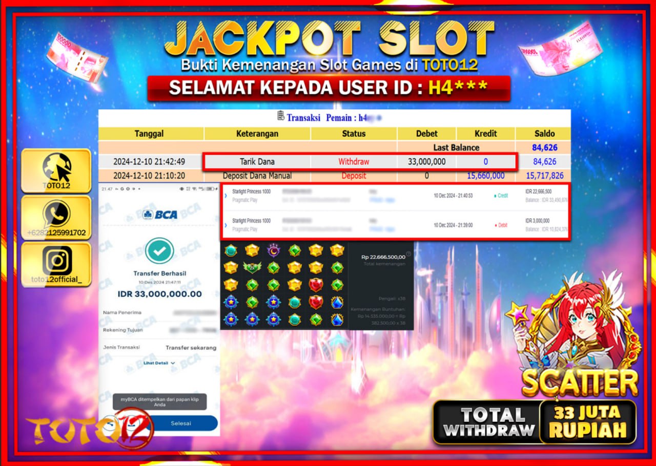 HANYA DI TOTO12 JP PASTI DI BAYAR LUNAS DAN CEPAT!!!!!! JACKPOT SLOT GAME (STARLIGHT PRINCESS 1000) Rp.33.000.000 !!!!