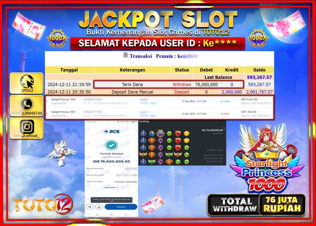 HANYA DI TOTO12 JP PASTI DI BAYAR LUNAS DAN CEPAT!!!!!! JACKPOT SLOT GAME (STARLIGHT PRINCESS 1000) Rp.76.000.000 !!!!