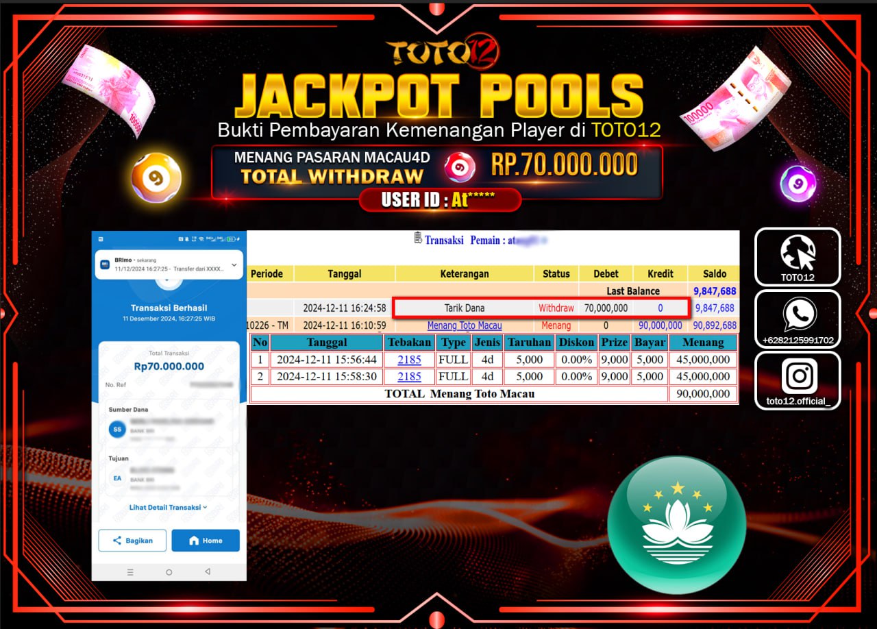 HANYA DI TOTO12 JP PASTI DI BAYAR LUNAS DAN CEPAT!!!!!! JACKPOT POOLS PASARAN (TOTO MACAU) Rp.70.000.000 !!!!