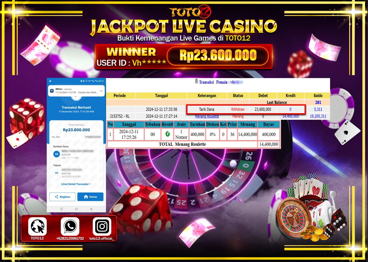 HANYA DI TOTO12 JP PASTI DI BAYAR LUNAS DAN CEPAT!!!!!! JACKPOT LIVE GAMES CASINO (ROULETTE) Rp.23.600.000 !!!!