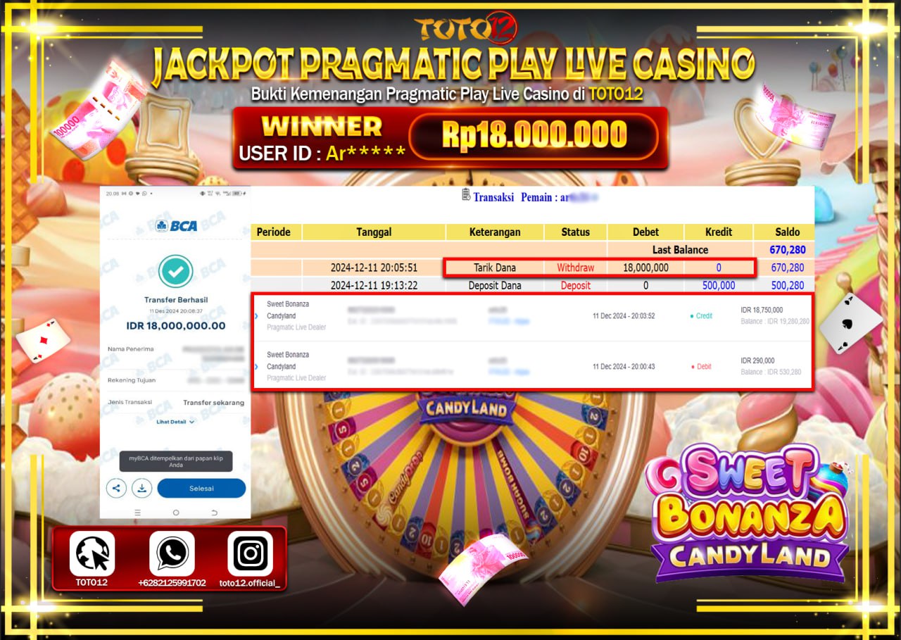 HANYA DI TOTO12 JP PASTI DI BAYAR LUNAS DAN CEPAT!!!!!! JACKPOT PRAGMATIC PLAY LIVE CASINO (SWEET BONANZA CANDY LAND) Rp.18.000.000 !!!!