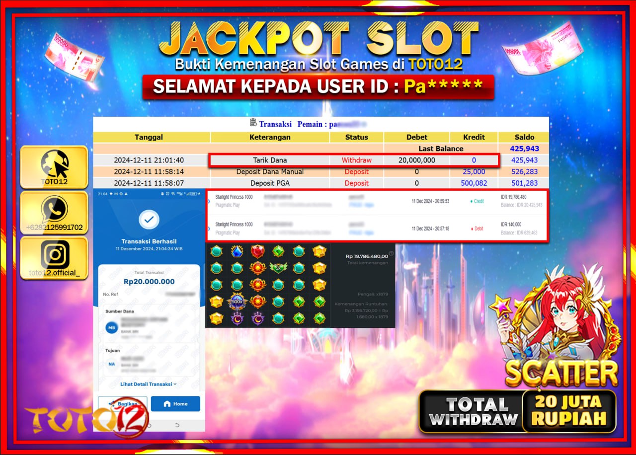 HANYA DI TOTO12 JP PASTI DI BAYAR LUNAS DAN CEPAT!!!!!! JACKPOT SLOT GAME (STARLIGHT PRINCESS 1000) Rp.20.000.000 !!!!