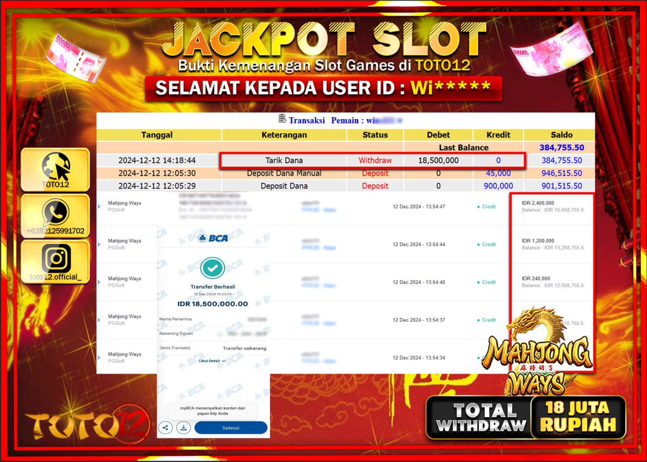 HANYA DI TOTO12 JP PASTI DI BAYAR LUNAS DAN CEPAT!!!!!! JACKPOT SLOT GAME (MAHJONG WAYS) Rp.18.000.000 !!!!