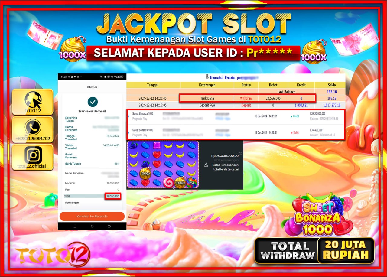 HANYA DI TOTO12 JP PASTI DI BAYAR LUNAS DAN CEPAT!!!!!! JACKPOT SLOT GAME (SWEET BONANZA 1000) Rp.20.000.000 !!!!