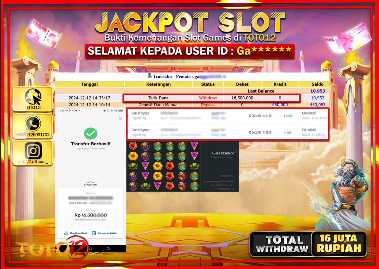 HANYA DI TOTO12 JP PASTI DI BAYAR LUNAS DAN CEPAT!!!!!! JACKPOT SLOT GAME (GATES OF OLYMPUS) Rp.16.000.000 !!!!