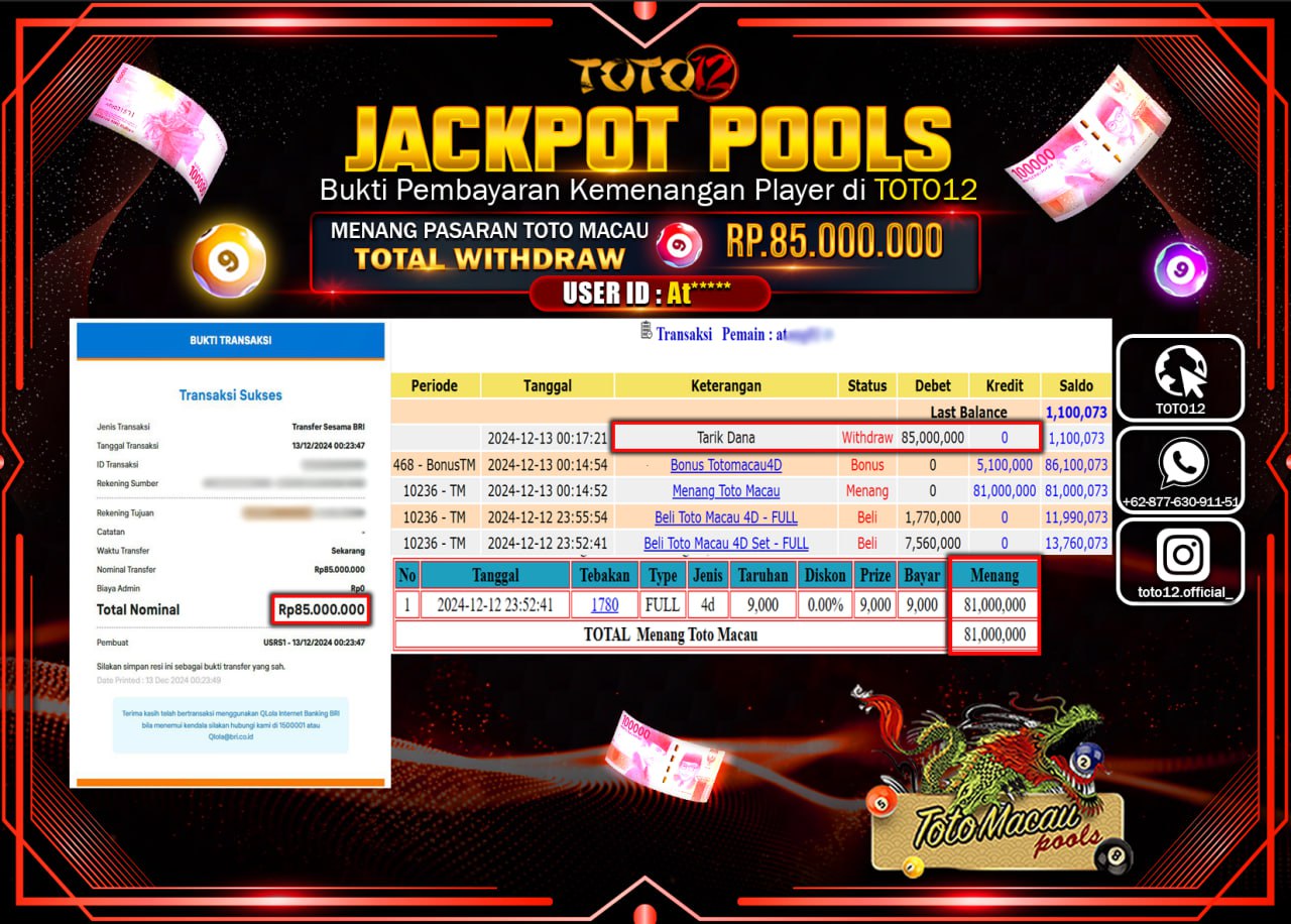 HANYA DI TOTO12 JP PASTI DI BAYAR LUNAS DAN CEPAT!!!!!! JACKPOT POOLS PASARAN (TOTO MACAU) Rp.85.000.000 !!!!