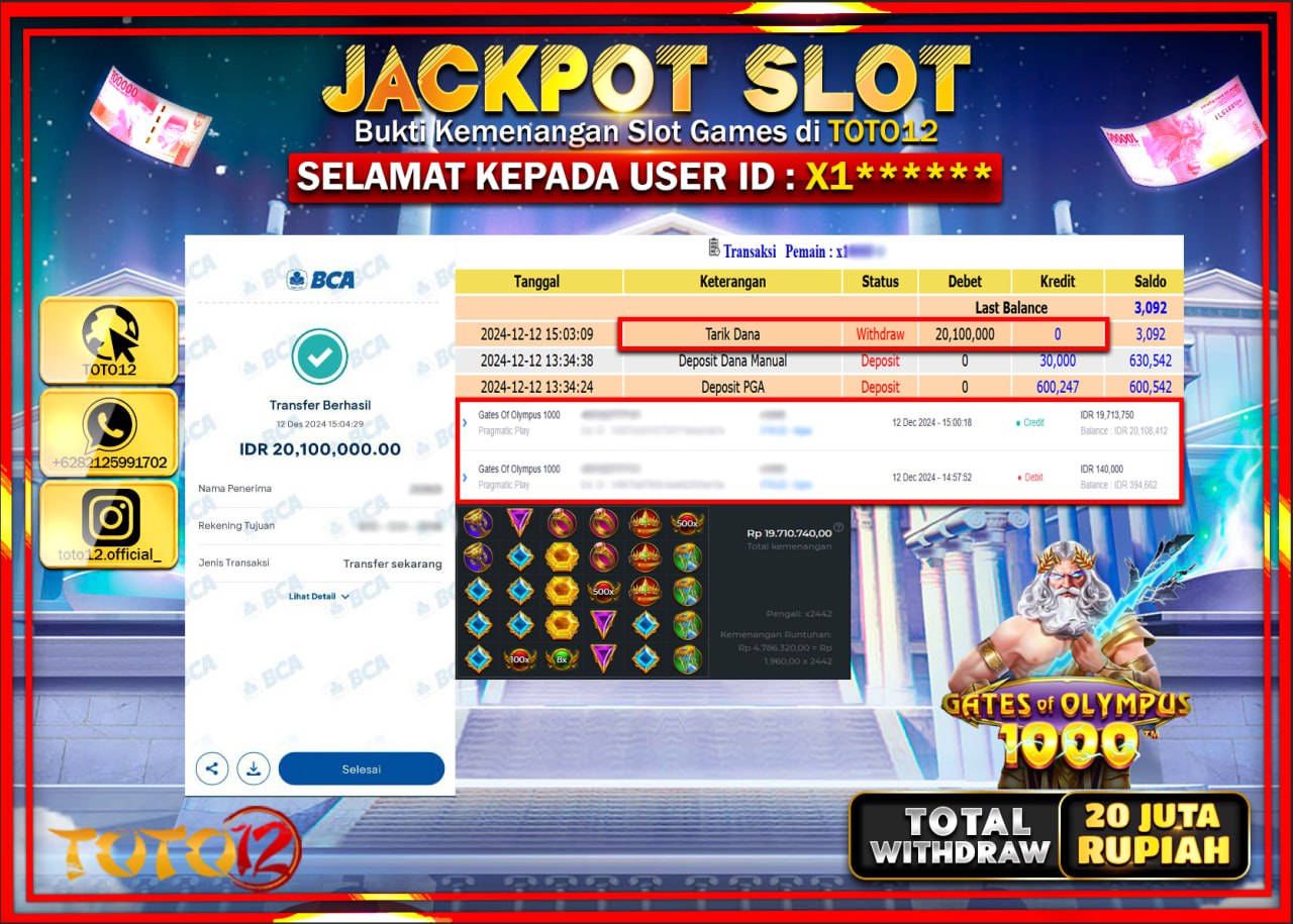 HANYA DI TOTO12 JP PASTI DI BAYAR LUNAS DAN CEPAT!!!!!! JACKPOT SLOT GAME (GATES OF OLYMPUS 1000) Rp.20.000.000 !!!!
