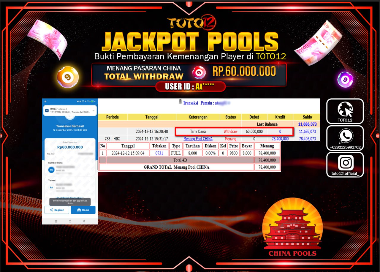 HANYA DI TOTO12 JP PASTI DI BAYAR LUNAS DAN CEPAT!!!!!! JACKPOT POOLS PASARAN (CHINA) Rp.60.000.000 !!!!