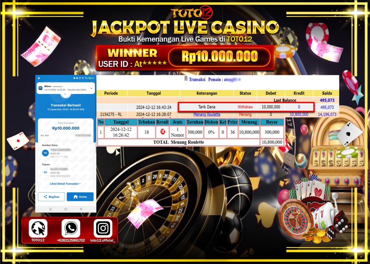 HANYA DI TOTO12 JP PASTI DI BAYAR LUNAS DAN CEPAT!!!!!! JACKPOT LIVE GAMES CASINO (ROULETTE) Rp.10.000.000 !!!!