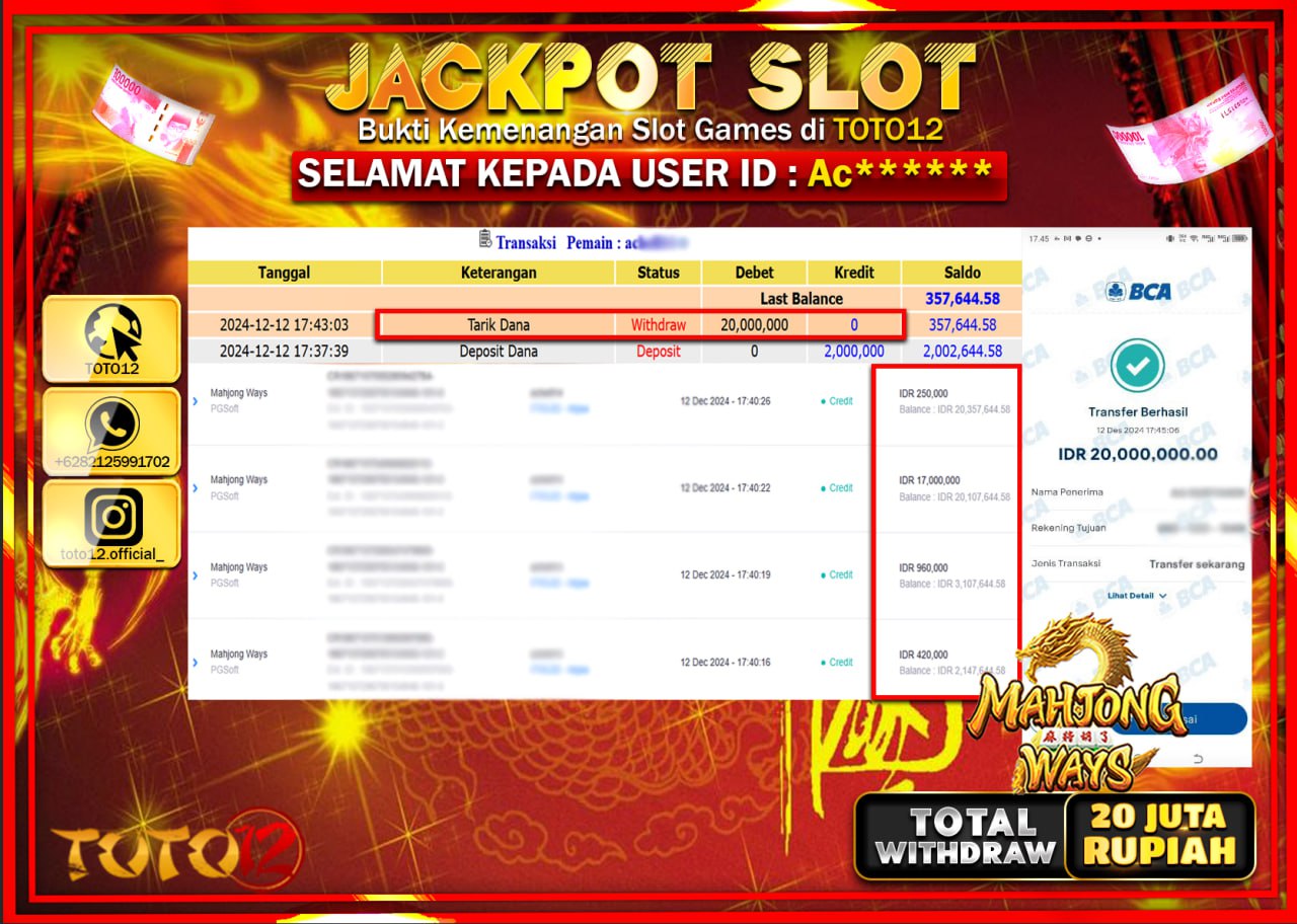 HANYA DI TOTO12 JP PASTI DI BAYAR LUNAS DAN CEPAT!!!!!! JACKPOT SLOT GAME (MAHJONG WAYS) Rp.20.000.000 !!!!