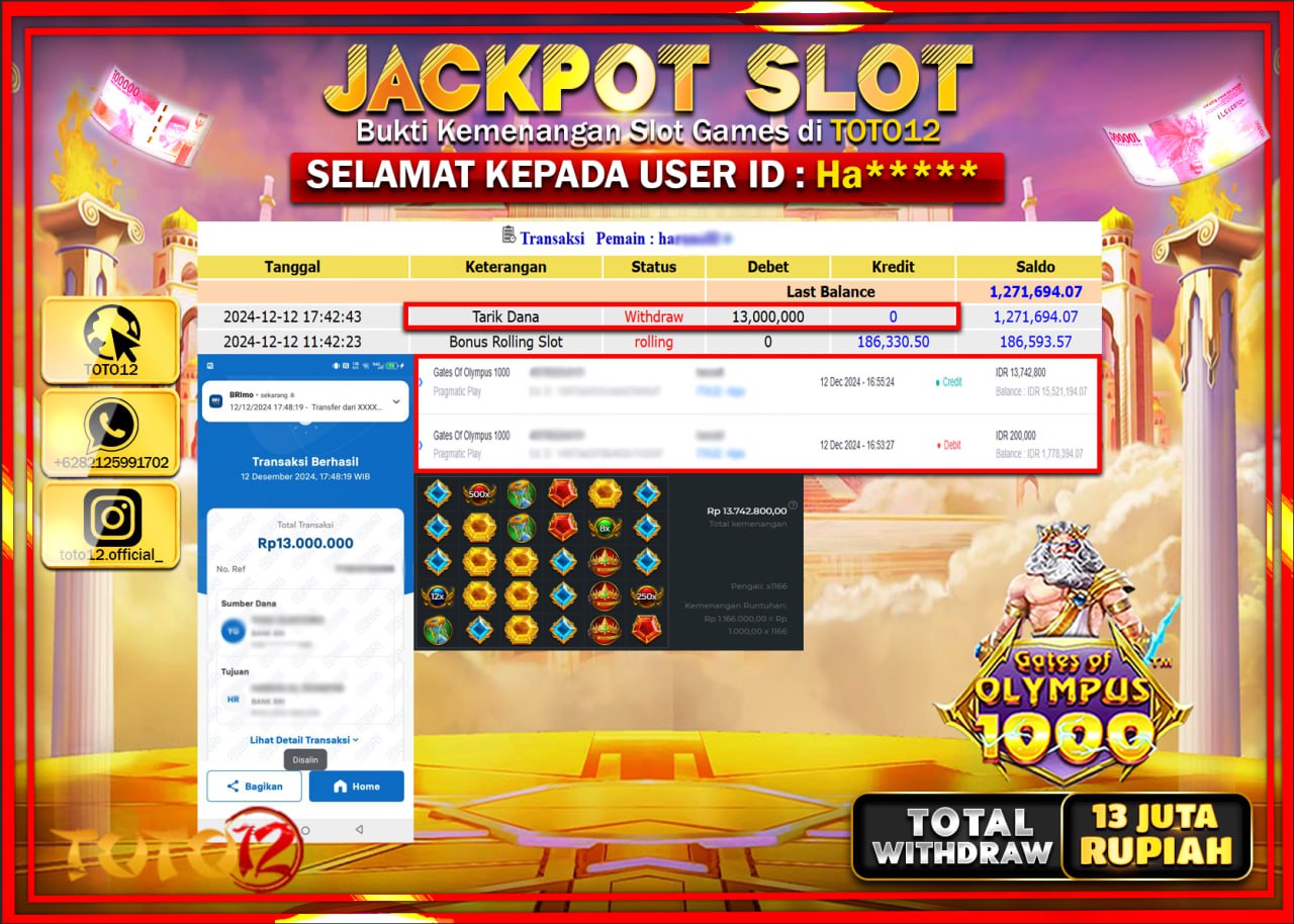 HANYA DI TOTO12 JP PASTI DI BAYAR LUNAS DAN CEPAT!!!!!! JACKPOT SLOT GAME (GATES OF OLYMPUS 1000) Rp.13.000.000 !!!!