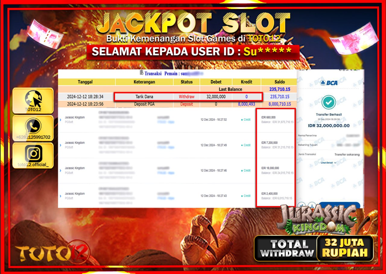 HANYA DI TOTO12 JP PASTI DI BAYAR LUNAS DAN CEPAT!!!!!! JACKPOT SLOT GAME (JURASSIC KINGDOM) Rp.32.000.000 !!!!