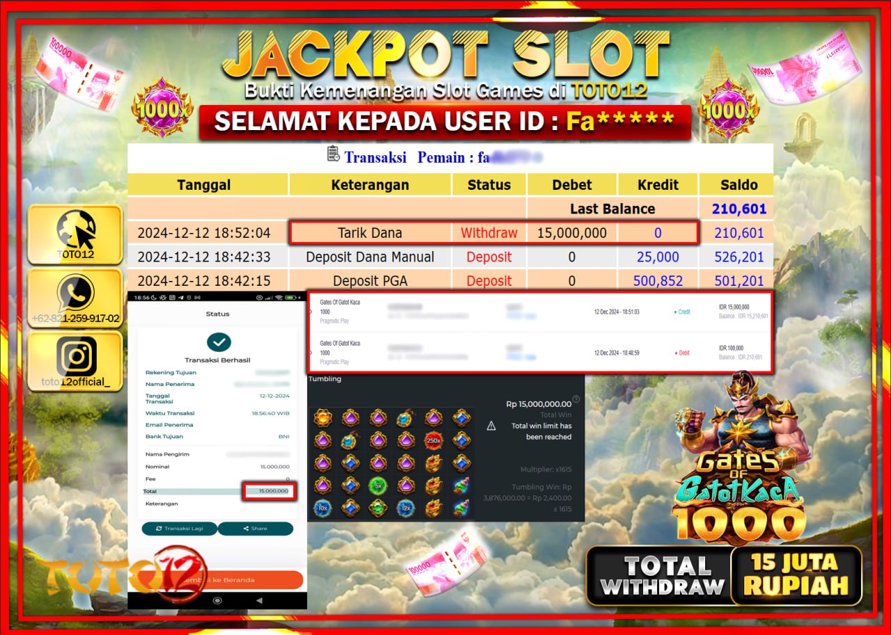 HANYA DI TOTO12 JP PASTI DI BAYAR LUNAS DAN CEPAT!!!!!! JACKPOT SLOT GAME (GATES OF GATOT KACA 1000) Rp.15.000.000 !!!!