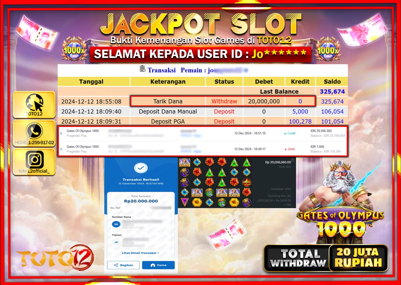 HANYA DI TOTO12 JP PASTI DI BAYAR LUNAS DAN CEPAT!!!!!! JACKPOT SLOT GAME (GATES OF OLYMPUS 1000) Rp.20.000.000 !!!!