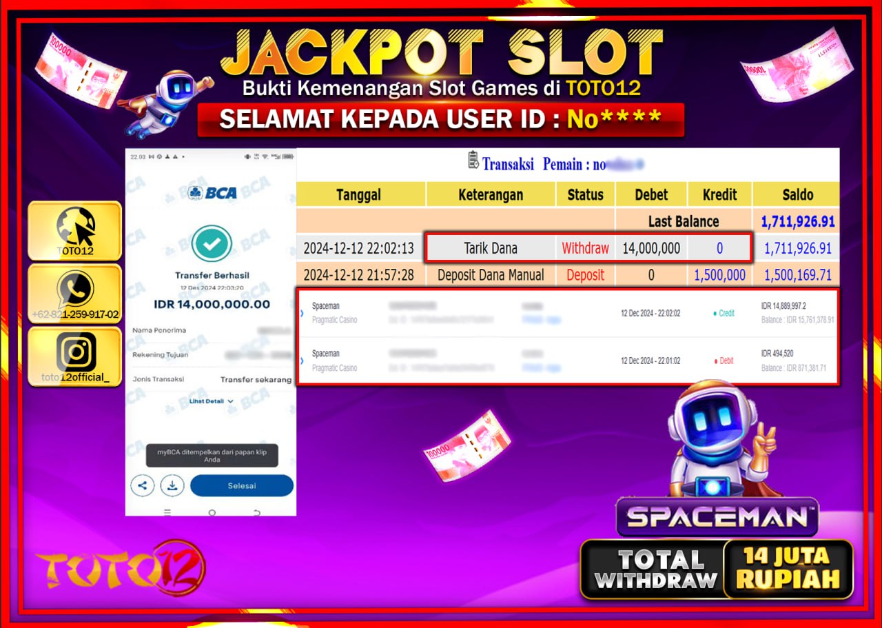 HANYA DI TOTO12 JP PASTI DI BAYAR LUNAS DAN CEPAT!!!!!! JACKPOT SLOT GAME (SPACEMAN) Rp.14.000.000 !!!!