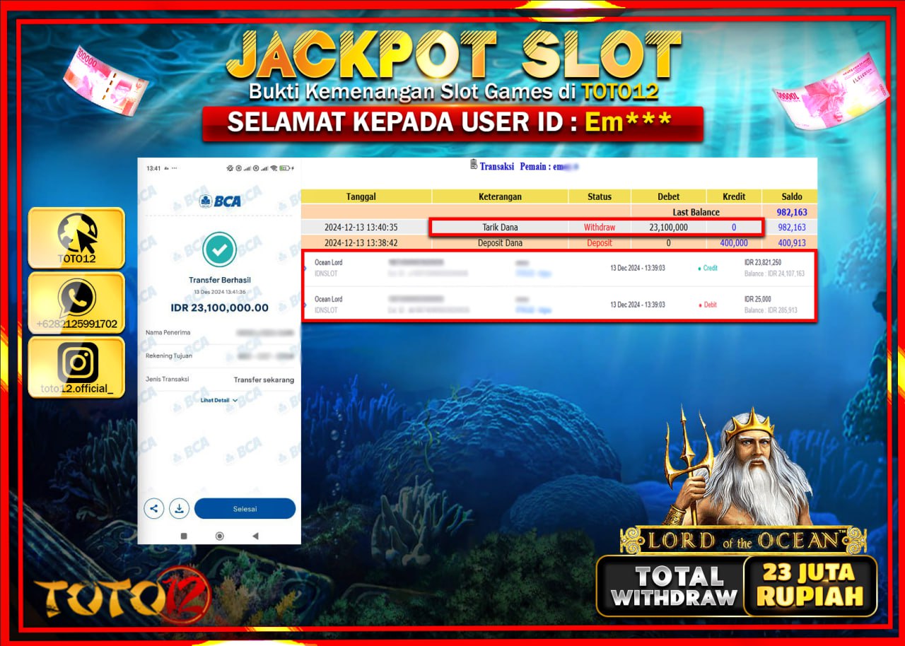 HANYA DI TOTO12 JP PASTI DI BAYAR LUNAS DAN CEPAT!!!!!! JACKPOT SLOT GAME (OCEAN LORD) Rp.23.000.000 !!!!