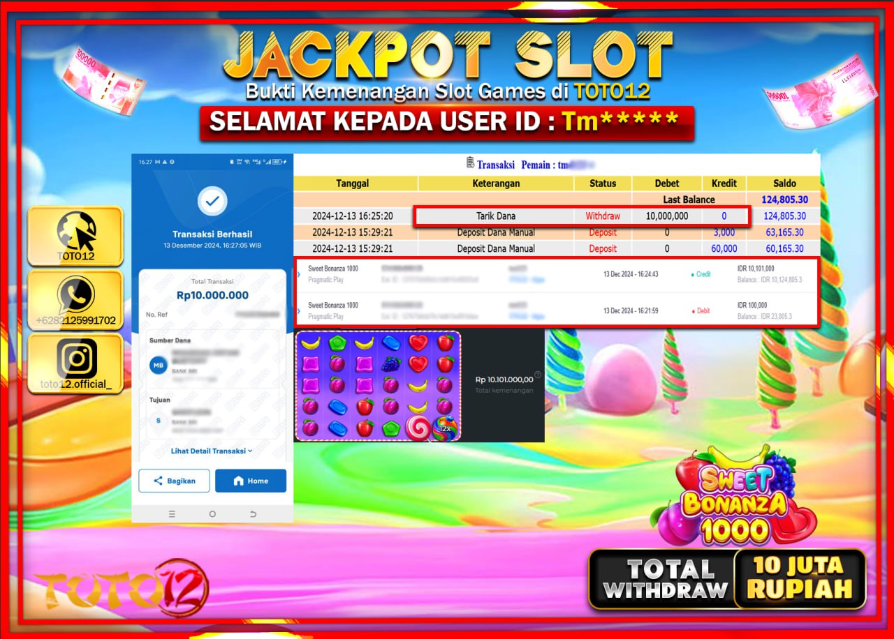 HANYA DI TOTO12 JP PASTI DI BAYAR LUNAS DAN CEPAT!!!!!! JACKPOT SLOT GAME (SWEET BONANZA 1000) Rp.10.000.000 !!!!