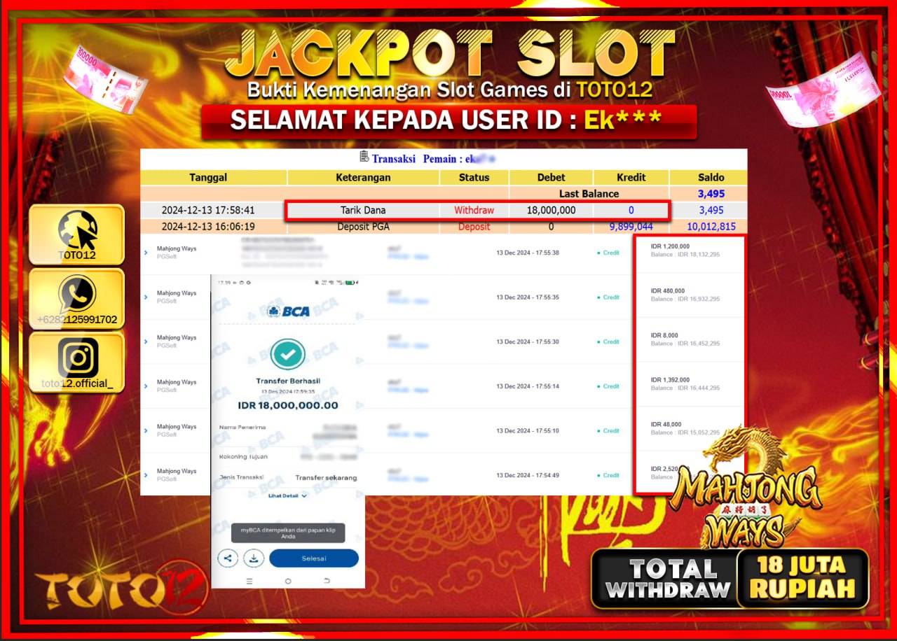 HANYA DI TOTO12 JP PASTI DI BAYAR LUNAS DAN CEPAT!!!!!! JACKPOT SLOT GAME (MAHJONG WAYS) Rp.18.000.000 !!!!