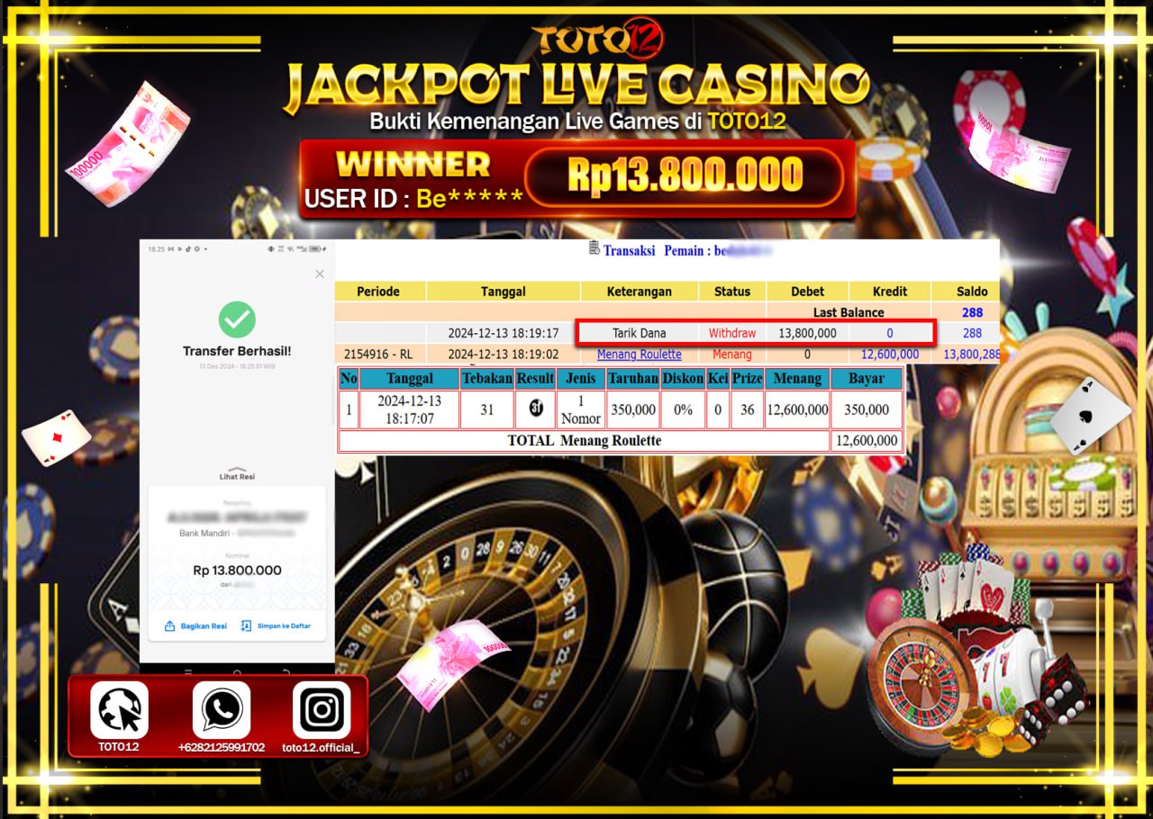 HANYA DI TOTO12 JP PASTI DI BAYAR LUNAS DAN CEPAT!!!!!! JACKPOT LIVE GAMES CASINO (ROULETTE) Rp.13.800.000 !!!!