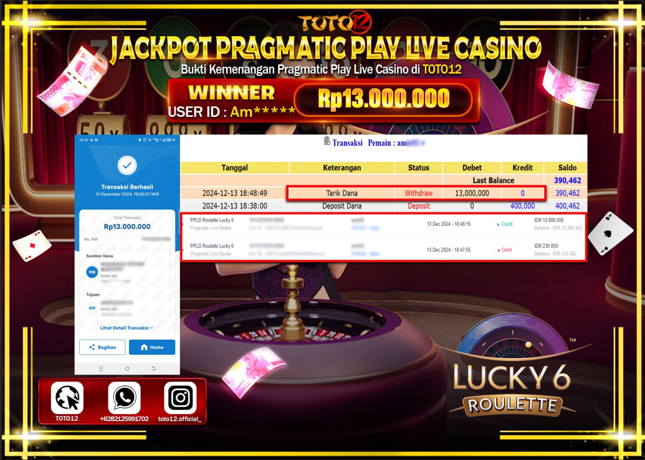HANYA DI TOTO12 JP PASTI DI BAYAR LUNAS DAN CEPAT!!!!!! JACKPOT PRAGMATIC PLAY LIVE CASINO (ROULETTE LUCKY 6) Rp.13.000.000 !!!!