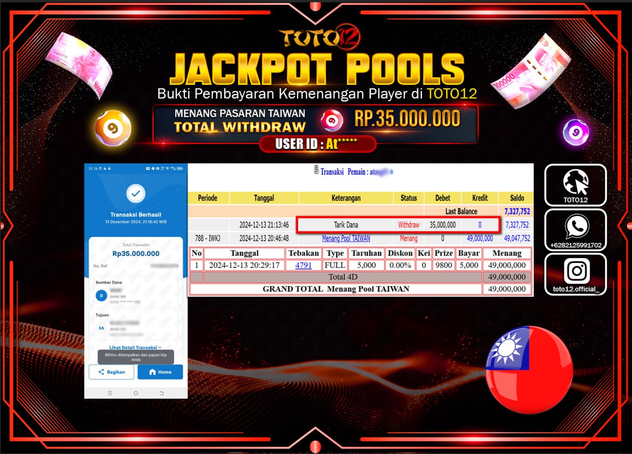 HANYA DI TOTO12 JP PASTI DI BAYAR LUNAS DAN CEPAT!!!!!! JACKPOT POOLS PASARAN (TAIWAN) Rp.35.000.000 !!!!