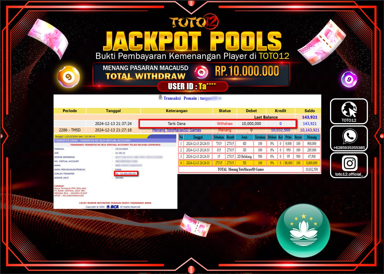 HANYA DI TOTO12 JP PASTI DI BAYAR LUNAS DAN CEPAT!!!!!! JACKPOT POOLS PASARAN (TOTO MACAU) Rp.10.000.000 !!!!
