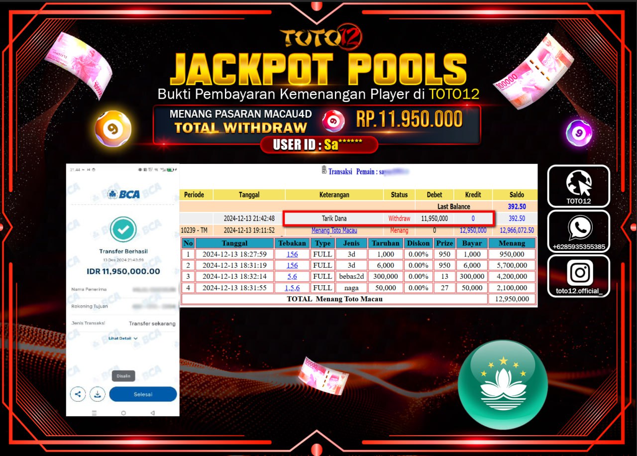HANYA DI TOTO12 JP PASTI DI BAYAR LUNAS DAN CEPAT!!!!!! JACKPOT POOLS PASARAN (TOTO MACAU) Rp.11.950.000 !!!!