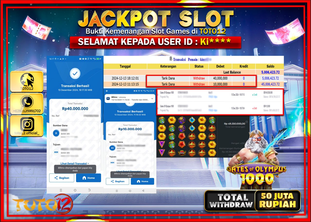 HANYA DI TOTO12 JP PASTI DI BAYAR LUNAS DAN CEPAT!!!!!! JACKPOT SLOT GAME (GATES OF OLYMPUS 1000) Rp.50.000.000 !!!!