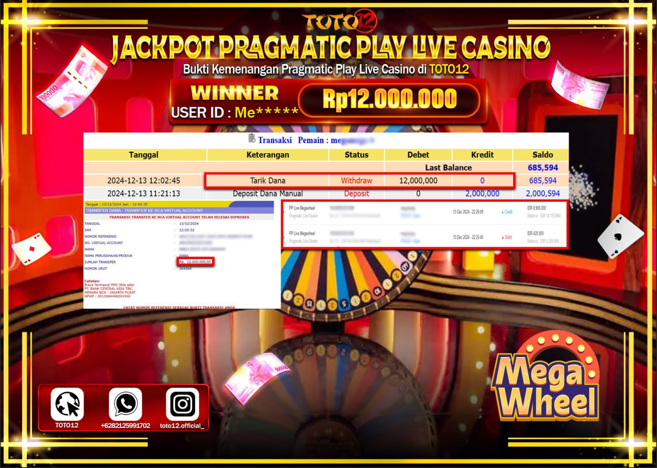 HANYA DI TOTO12 JP PASTI DI BAYAR LUNAS DAN CEPAT!!!!!! JACKPOT PRAGMAITC PLAY LIVE CASINO (MEGA WHEEL) Rp.12.000.000 !!!!