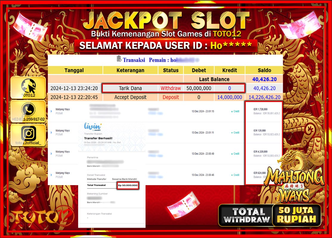 HANYA DI TOTO12 JP PASTI DI BAYAR LUNAS DAN CEPAT!!!!!! JACKPOT SLOT GAME (MAHJONG WAYS) Rp.50.000.000 !!!!