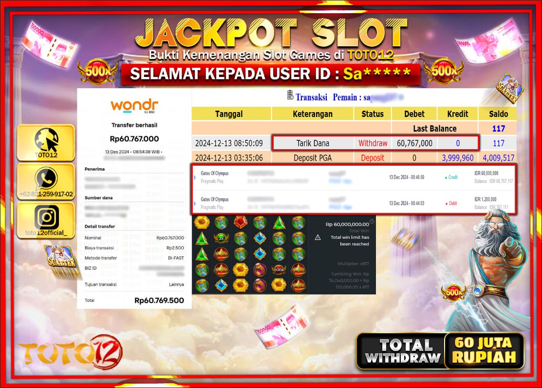 HANYA DI TOTO12 JP PASTI DI BAYAR LUNAS DAN CEPAT!!!!!! JACKPOT SLOT GAME (GATES OF OLYMPUS) Rp.60.000.000 !!!!