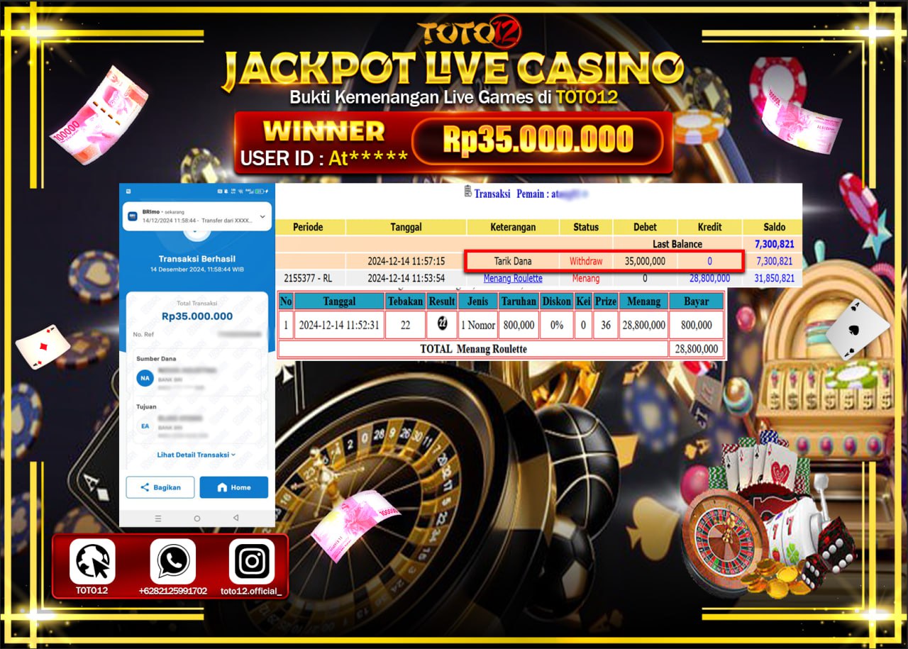 HANYA DI TOTO12 JP PASTI DI BAYAR LUNAS DAN CEPAT!!!!!! JACKPOT LIVE GAMES CASINO (ROULETTE) Rp.35.000.000 !!!!