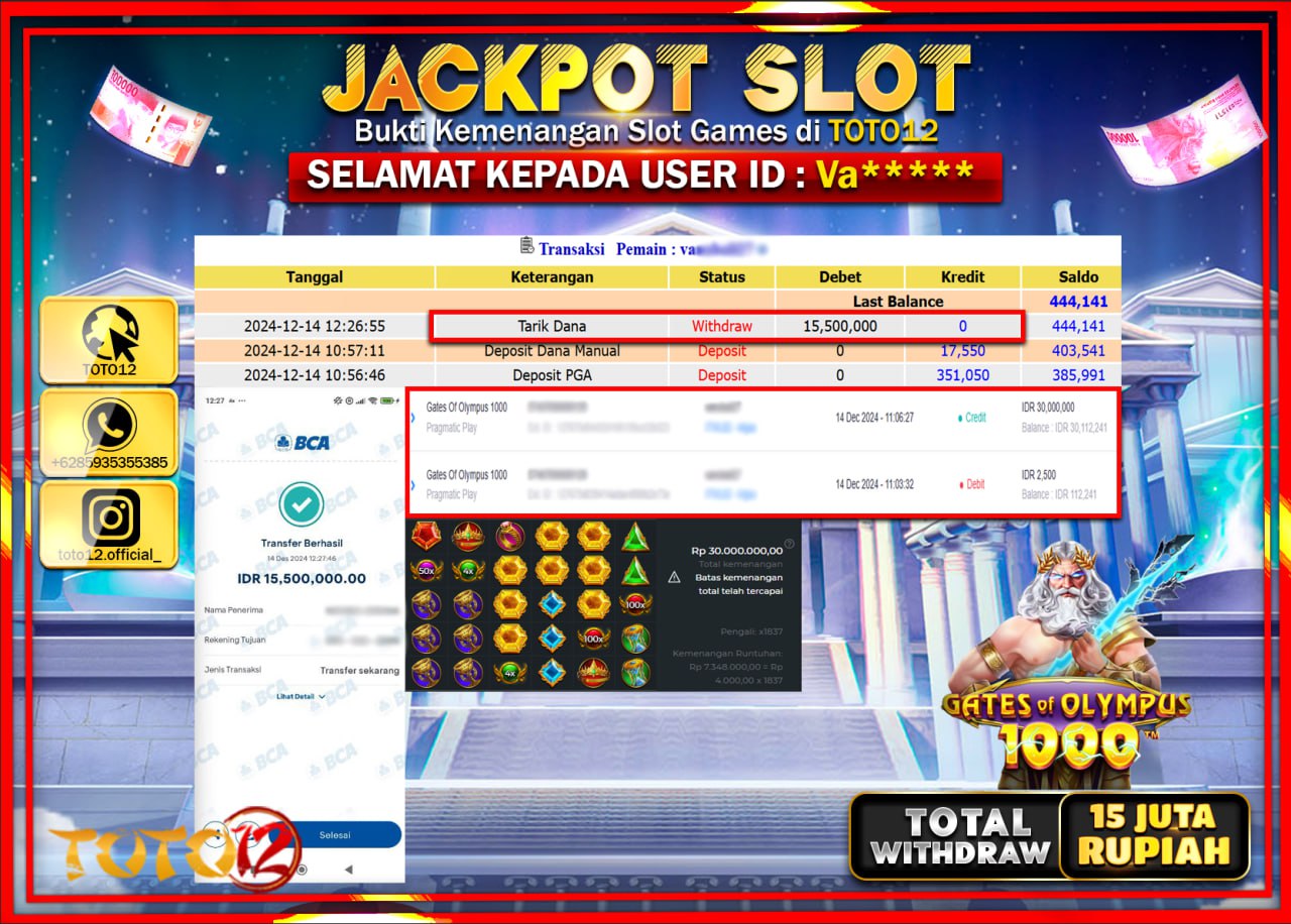 HANYA DI TOTO12 JP PASTI DI BAYAR LUNAS DAN CEPAT!!!!!! JACKPOT SLOT GAME (GATES OF OLYMPUS 1000) Rp.15.000.000 !!!!